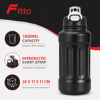 72 Pieces Sports Water Bottles 1000ml with Carry Strap, Black