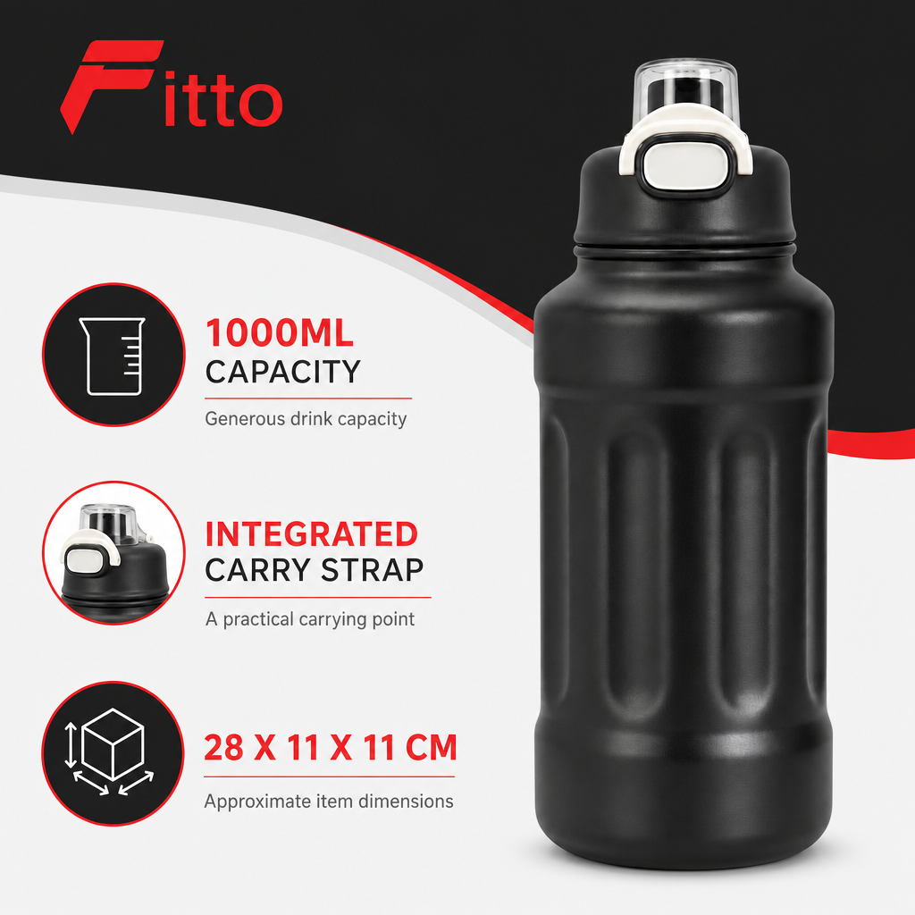 72 Pieces Sports Water Bottles 1000ml with Carry Strap, Black