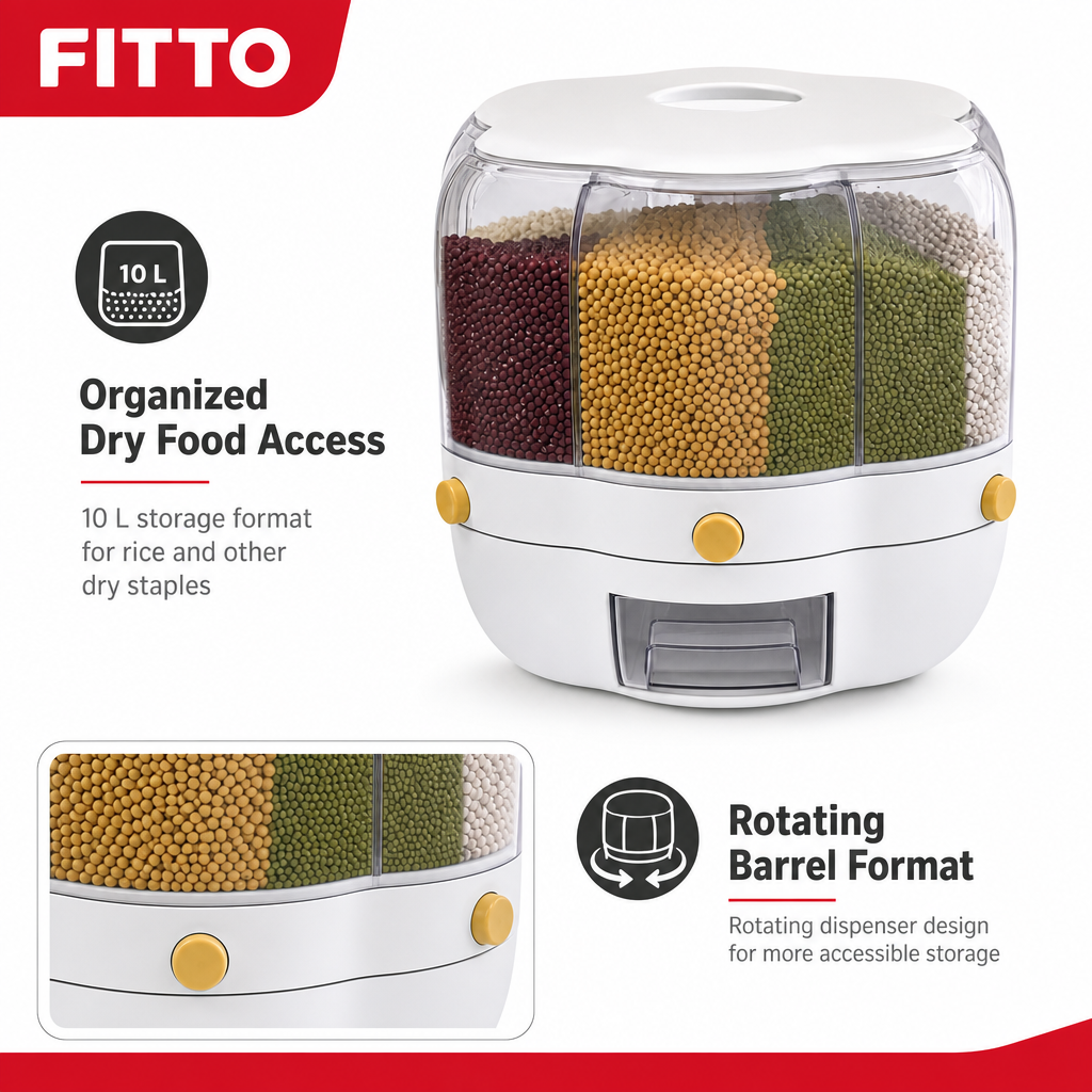 48 Pieces Rotating Rice Storage Dispenser, 10 L, White, 1 Piece, Dry Food Container for Kitchen Organization