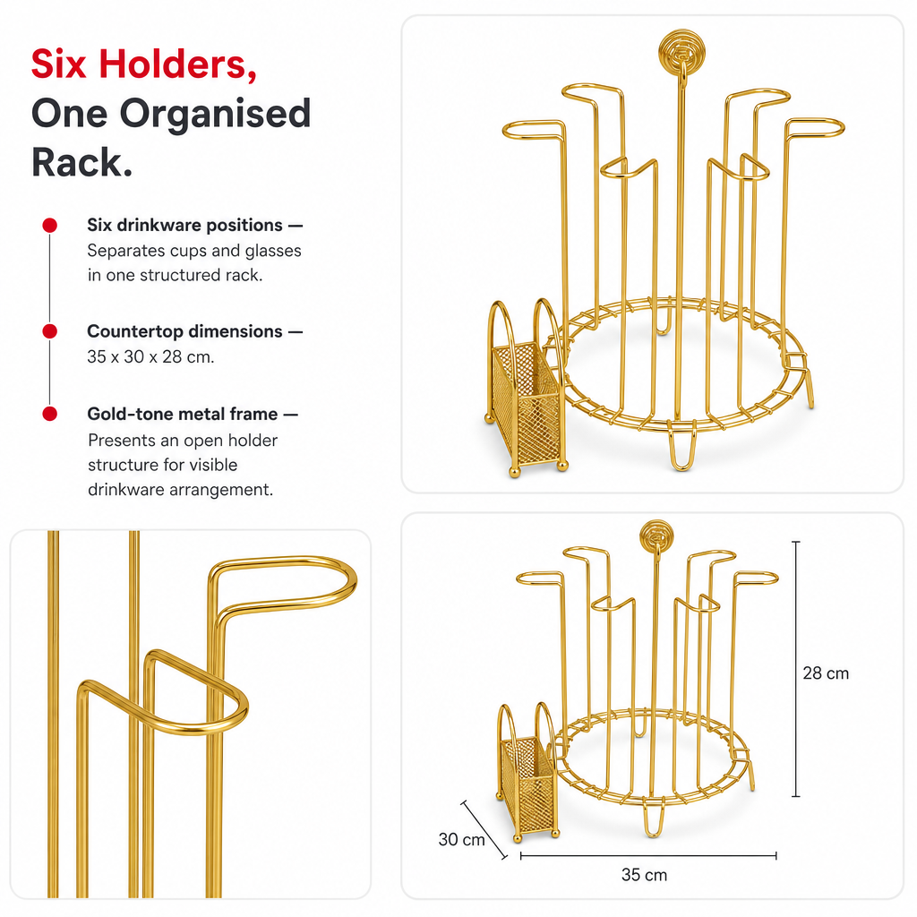 96 Pieces Gold-Tone Cup and Glass Drying Rack with 6 Holders, Metal Kitchen Organizer, 35 x 30 x 28 cm