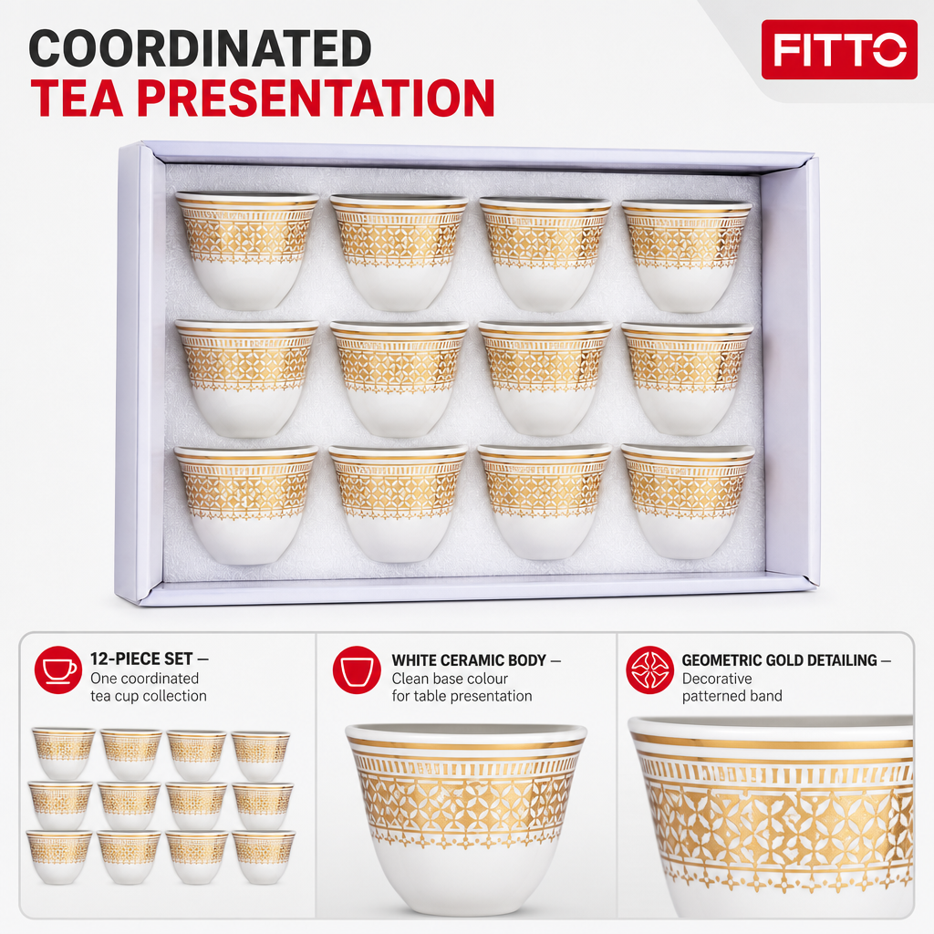 96 Pieces Ceramic Tea Cup Set, White And Gold, 12-Piece Drinkwares Collection