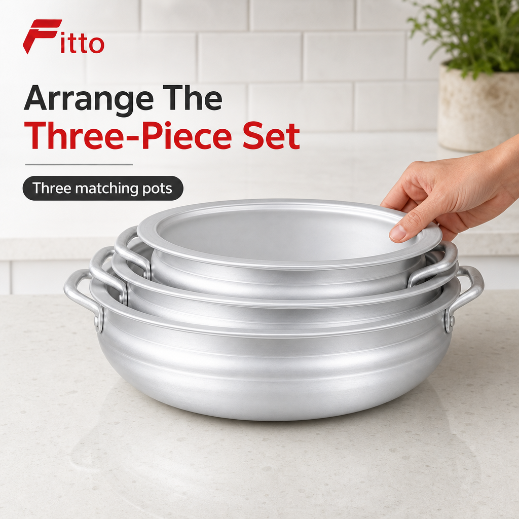 48 Pieces Cookwares Set, 3-Piece Silver Round Cooking Pots, Anodised Aluminium