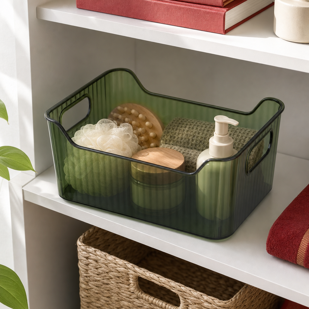 96 Pieces Rectangular Plastic Storage Box with Cutout Handles, Green or Clear, 30 × 22 × 12 cm