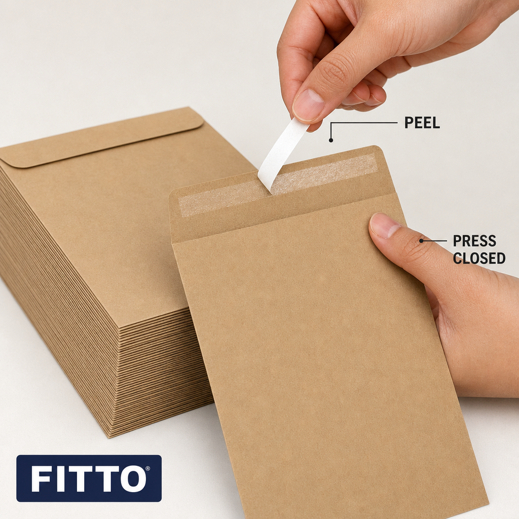 144 Pieces Brown Peel-and-Seal Envelopes, 9 x 4 in, 80 gsm, Pack of 50