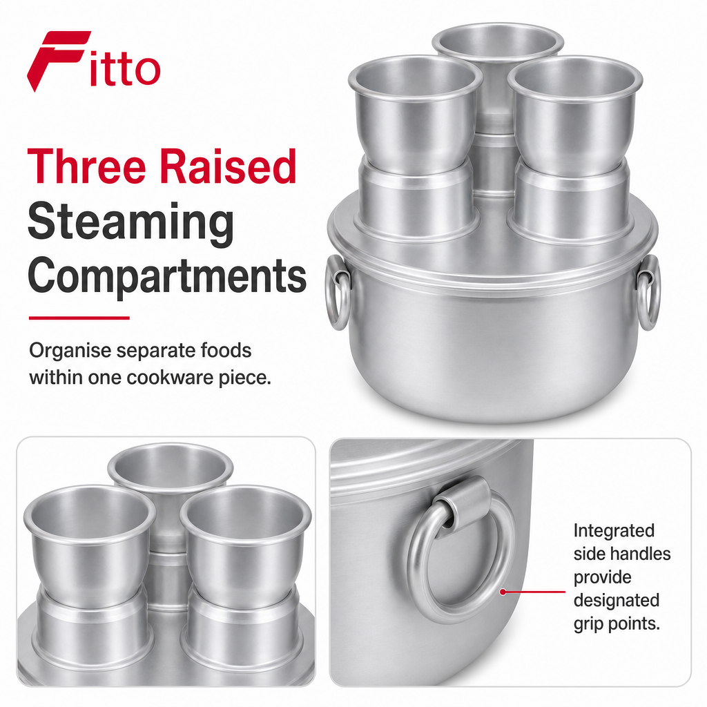 48 Pieces Aluminium Multi-Cavity Steamer Pot with 3 Raised Steaming Compartments