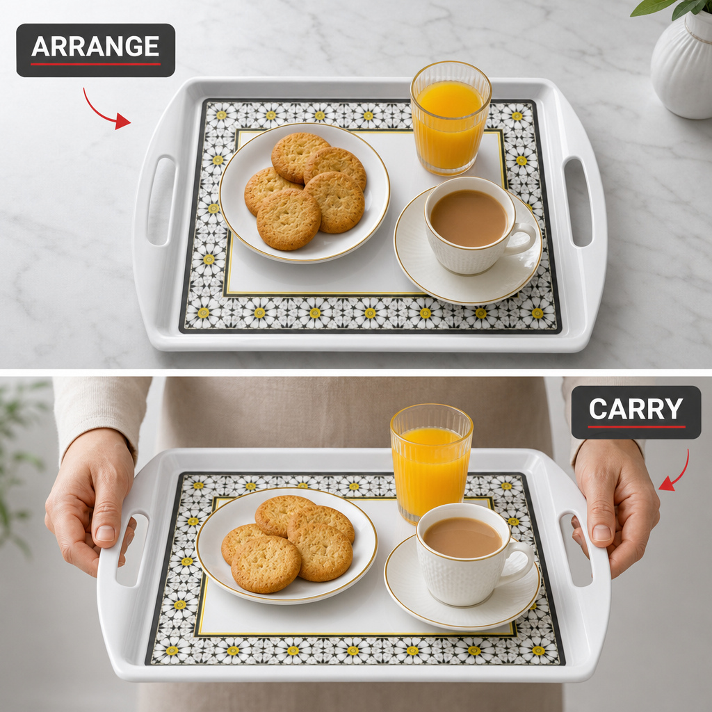 96 Pieces Melamine Rectangular Serving Trays with Dual Handles, 15 Inch, White and Grey with Yellow Accents