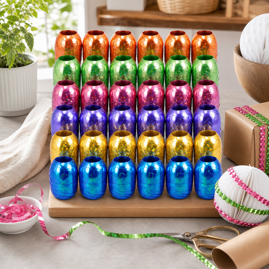 96 Pieces Assorted Colour Metallic Ribbon Rolls, 5 mm x 10 m, 24 Rolls for Crafting and Decorations