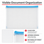 144 Pieces Transparent Grid Zipper Document Folder with Blue Trim, 35 x 25 x 2 cm, 1 Piece