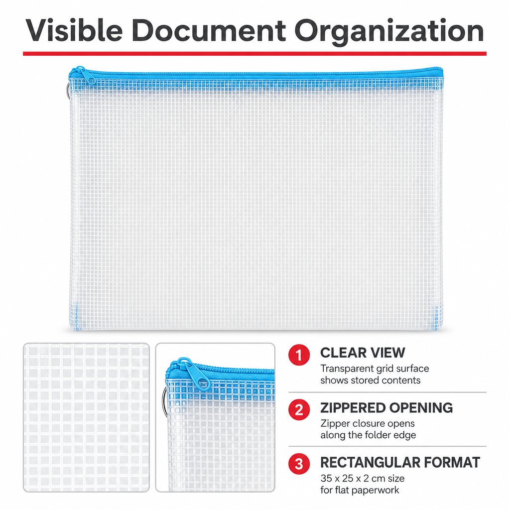 144 Pieces Transparent Grid Zipper Document Folder with Blue Trim, 35 x 25 x 2 cm, 1 Piece