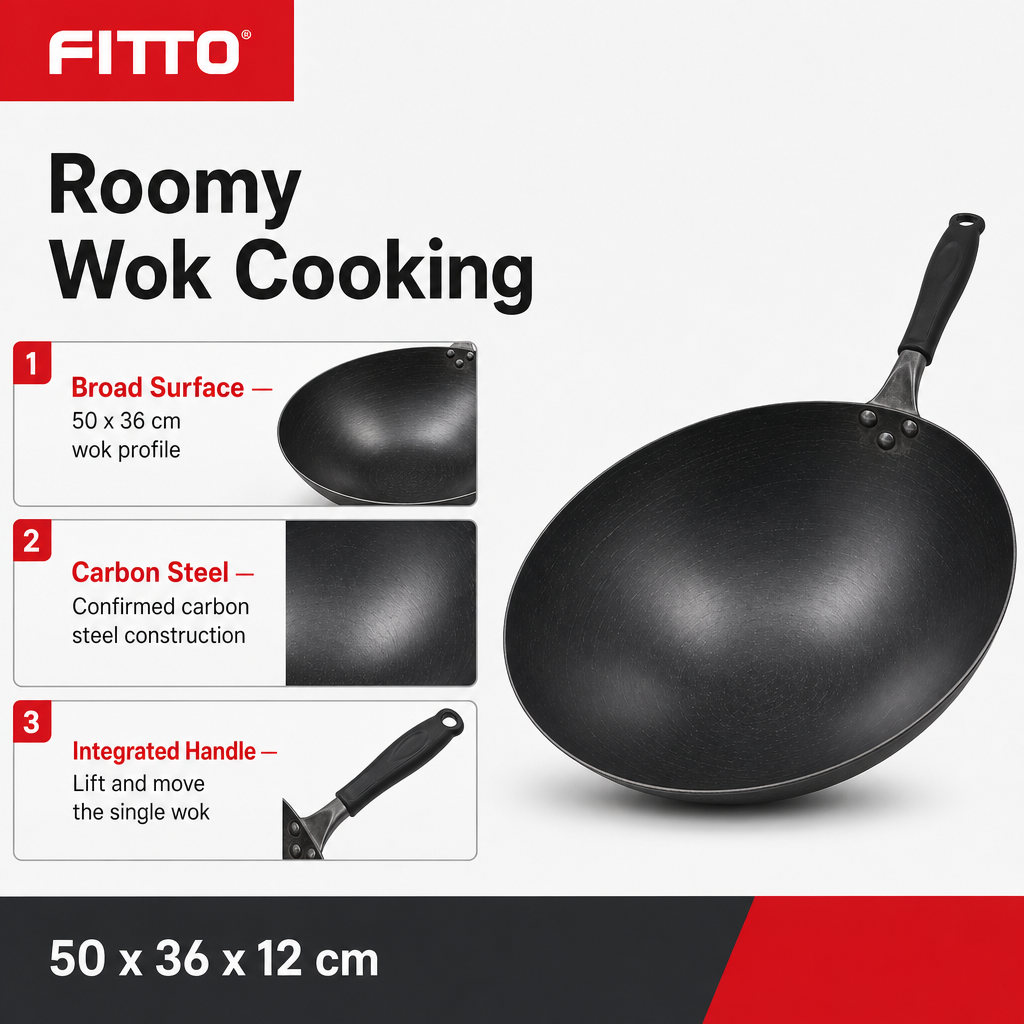 96 Pieces Carbon Steel Wok with Handle, Black, 50 x 36 x 12 cm