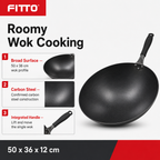 96 Pieces Carbon Steel Wok with Handle, Black, 50 x 36 x 12 cm