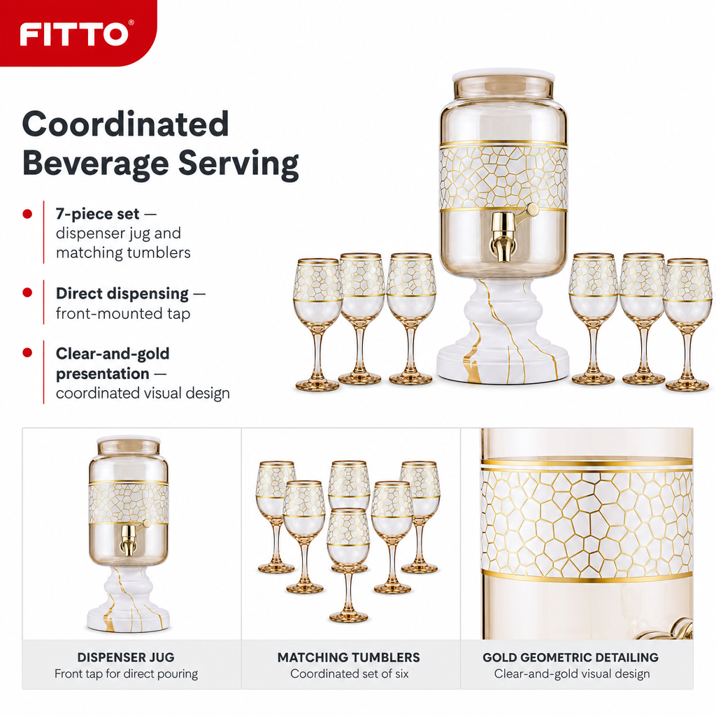 48 Pieces Glass Beverage Dispensers Jug and Tumbler Set, Clear and Gold, 7 Pieces