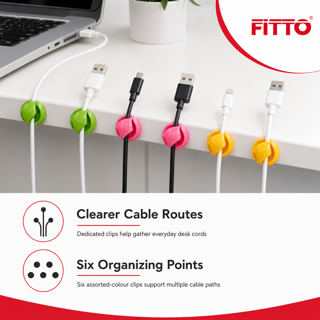 120 Pieces Self-Adhesive Cable Clips, 6-Piece Cord Organizer Set, Assorted Colours for Desk and Workstation Cable Routing