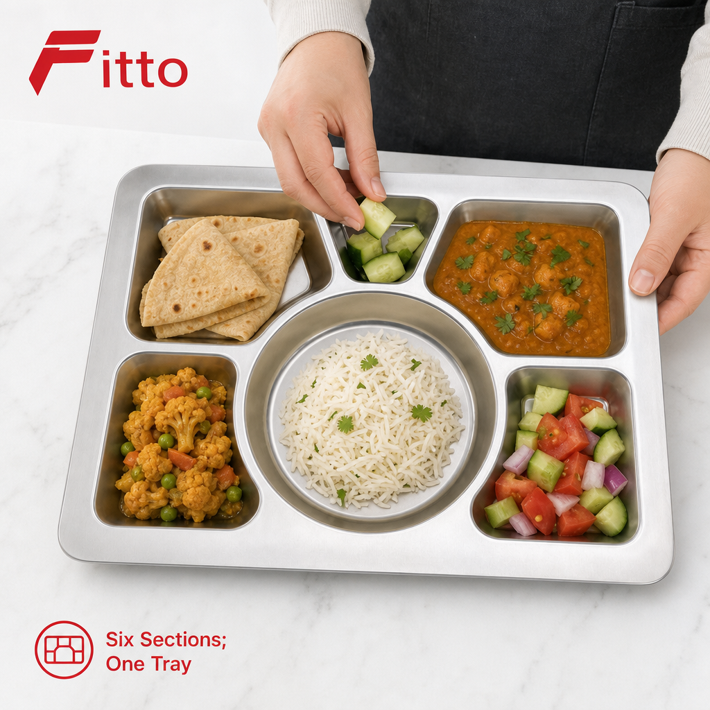 96 Pieces Stainless Steel Compartment Serving Trays, 6-Section Divided Platter, 36 x 28 x 3 cm, Silver