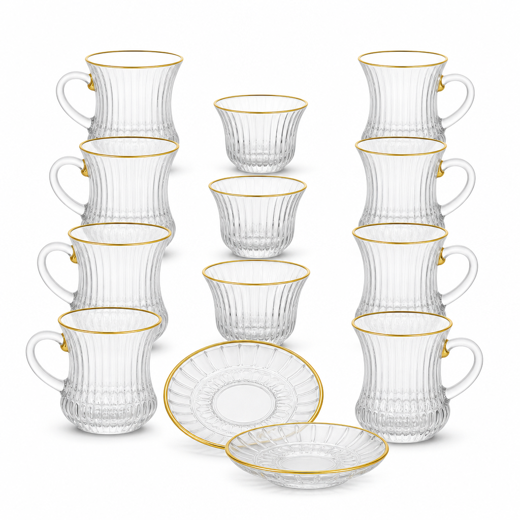 48 Pieces Clear Ribbed Glass Tea Coffee Set with Gold Rim Accents, 18 Pieces