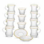 48 Pieces Clear Ribbed Glass Tea Coffee Set with Gold Rim Accents, 18 Pieces