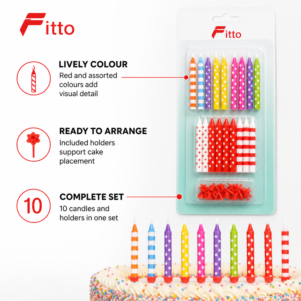 120 Pieces Jumbo Birthday Candles with Holders, 10 Pieces, Red Assorted Colours for Cake Decoration