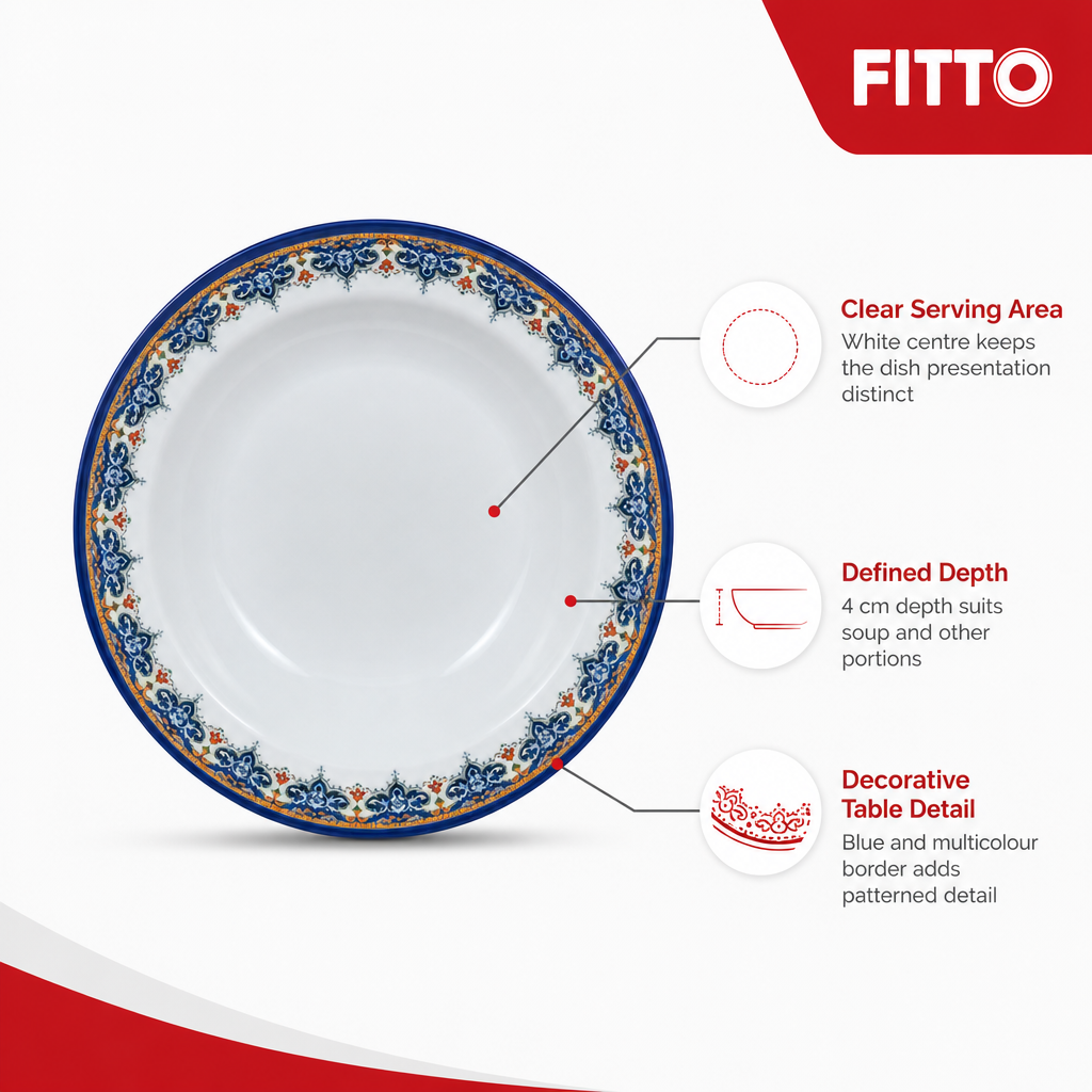 120 Pieces Melamine Soup Plate, 8 Inch, Round White Tablewares with Decorative Blue Border