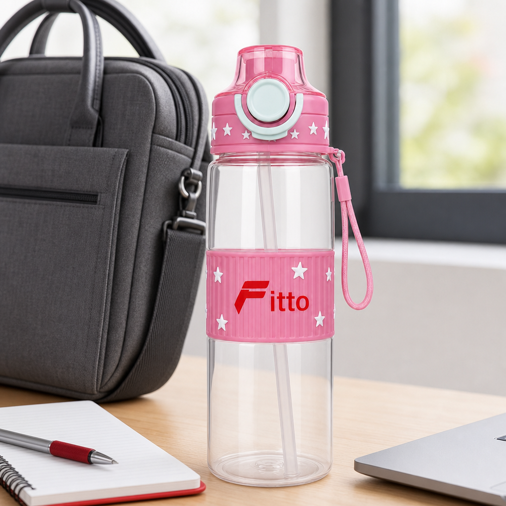 96 Pieces Pink Printed Water Bottle with Flip Lid and Carry Strap, 800 ml
