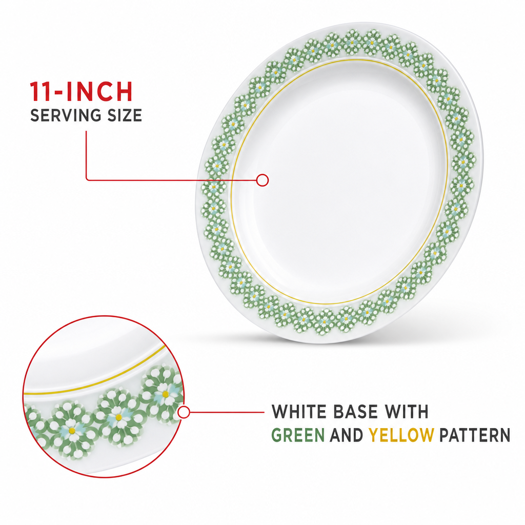 96 Pieces Soup Plate, 11 Inch, White with Green and Yellow Pattern, Round Serving Dinnerware