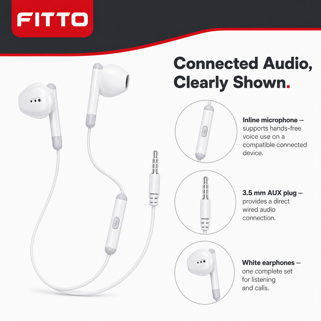 144 Pieces Wired Stereo Earphones with Inline Microphone, 3.5mm AUX Connection, White