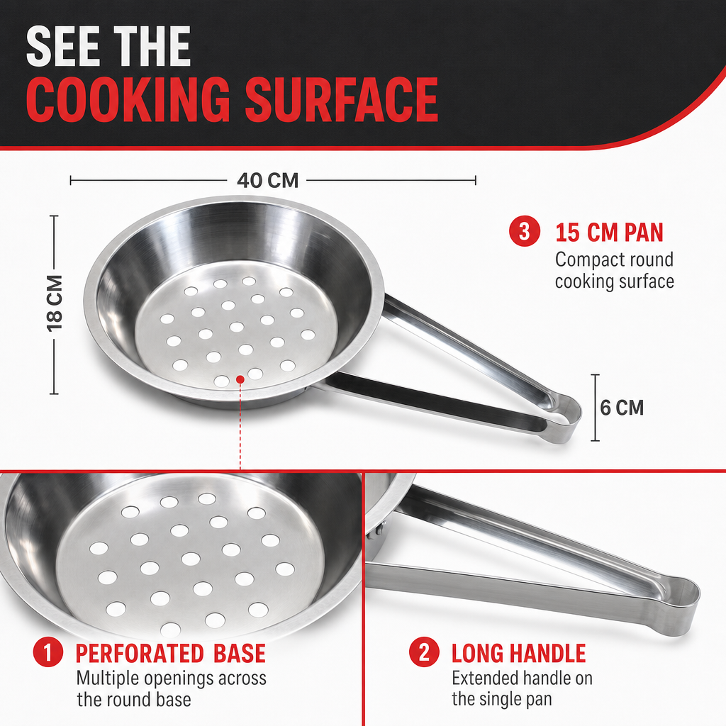 120 Pieces BBQ Grill Pan with Long Handle, 15 cm Silver Steel Cooking Pan, 1 Piece