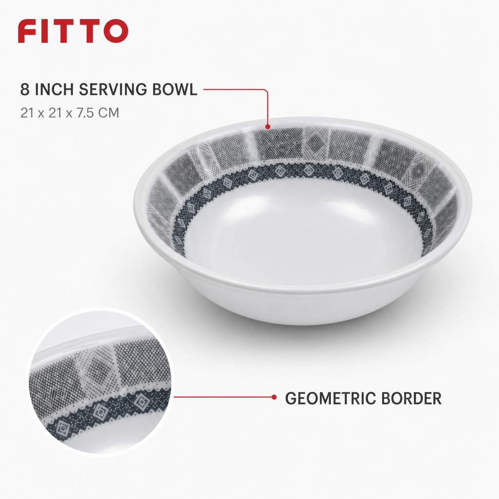 96 Pieces Melamine Salad Bowl, 8 Inch, Grey With Geometric Border