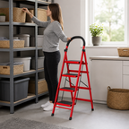 48 Pieces Folding Metal Step Ladder, 4-Step A-Frame Design, Red, 1 Piece, 141 x 44 cm