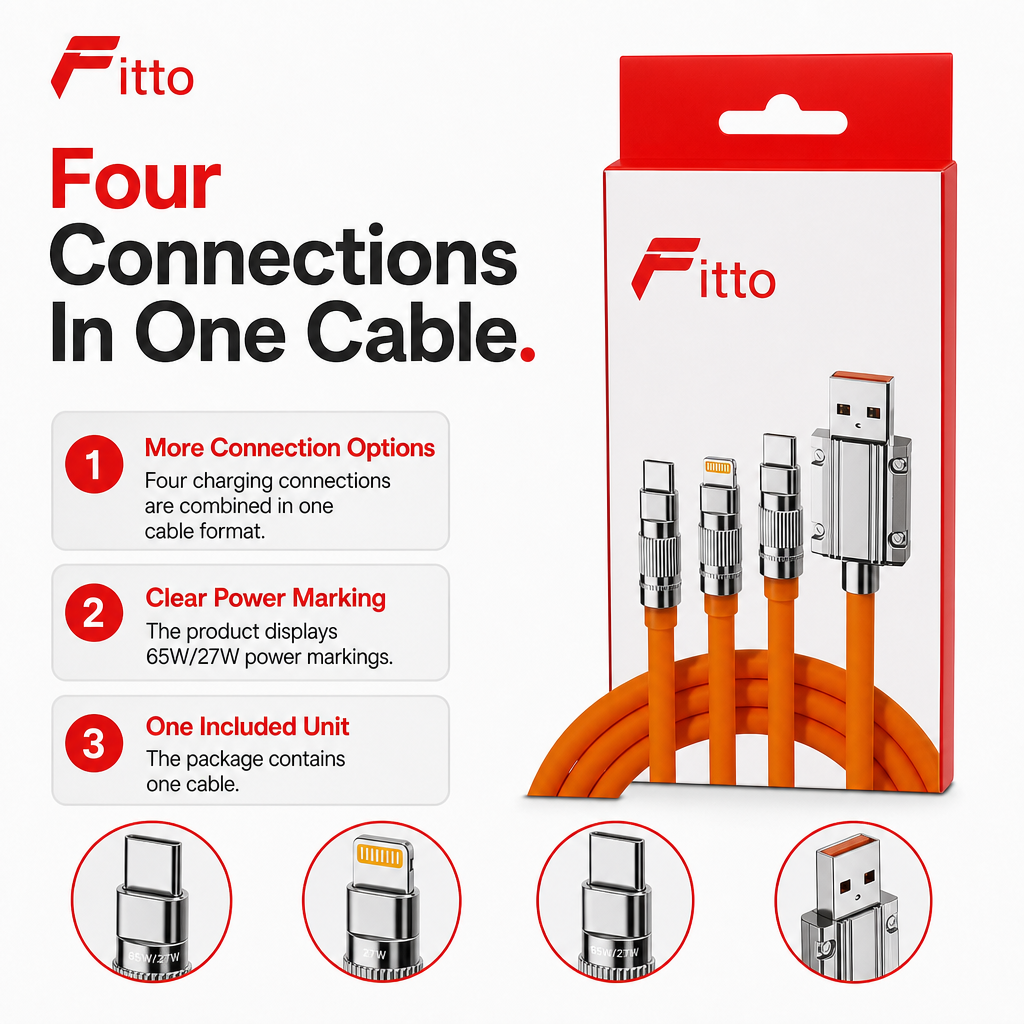 144 Pieces 4-in-1 Fast Charging Cable, 65W/27W Multi-Connector Cable for Everyday Device Power