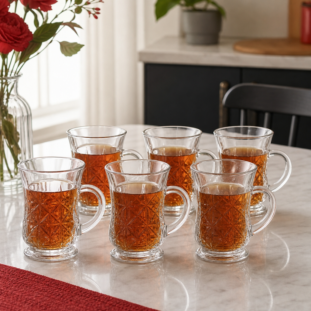 96 Pieces Embossed Clear Glass Mugs with Handles, 6-Piece Set for Tea, Coffee and Everyday Serving