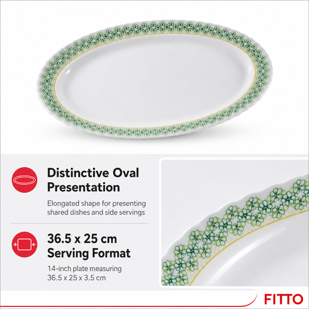 96 Pieces Melamine Wavy Oval Serving Plate, 14 Inch, White with Green and Yellow Pattern