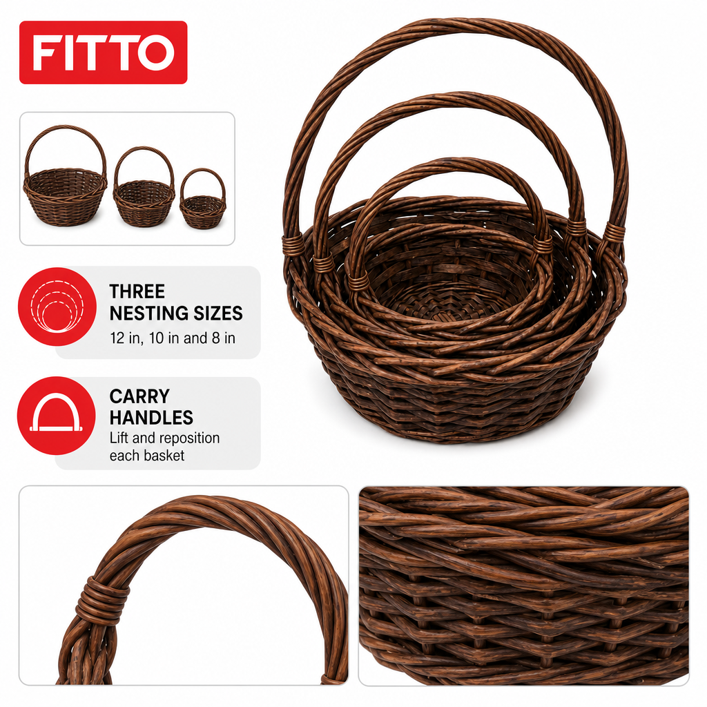 60 Pieces Round Woven-Style Storage Basket Set, Brown, Nesting Baskets with Carry Handles, 12 in, 10 in and 8 in, 3 Pieces