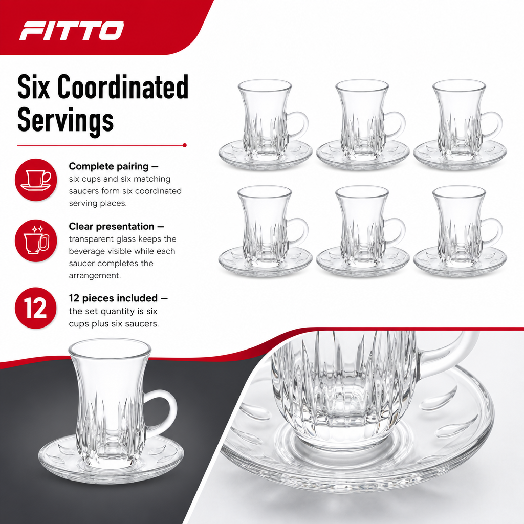 72 Pieces Clear Glass Tea Cup and Saucer Set, 6 Cups and 6 Saucers, 12 Pieces