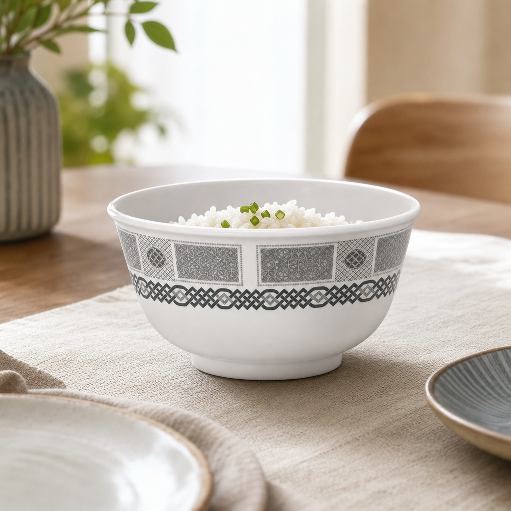 120 Pieces Melamine Rice Bowl, 4.5 Inch, Grey, Geometric Border