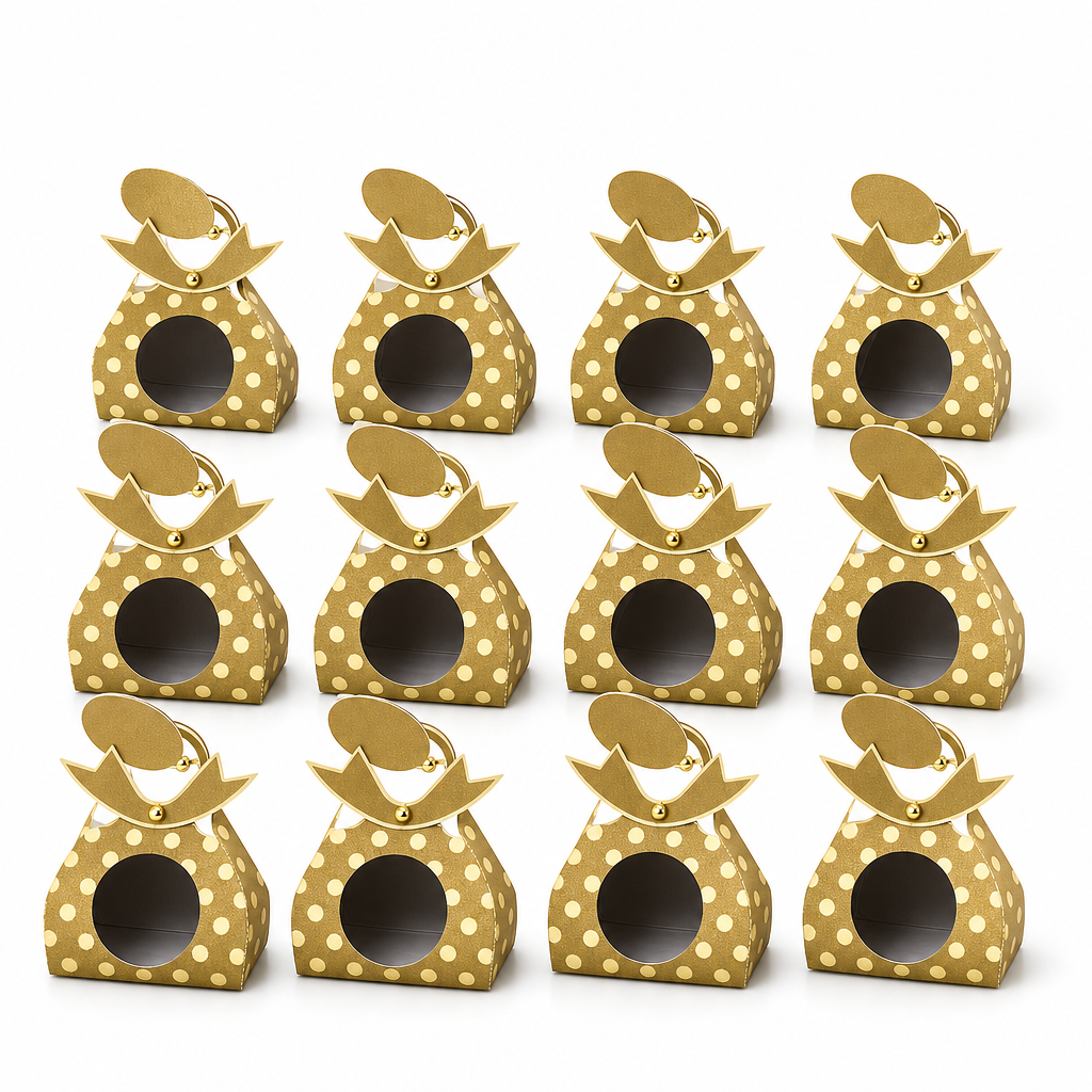 96 Pieces Candy Favor Boxes, Gold Crown-Top Paper Party Containers, 9.5 x 4.3 x 13.2 cm, 12 Pieces