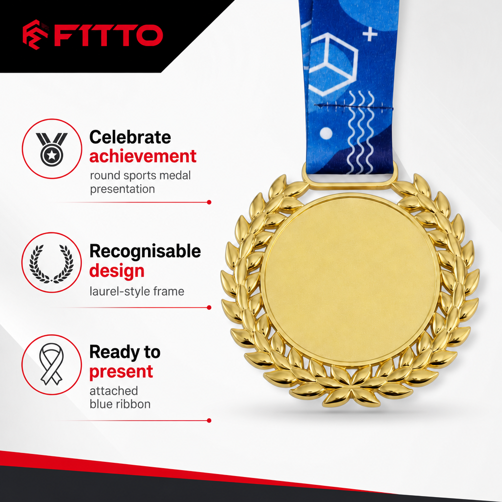 144 Pieces Sports Medal with Blue Ribbon and Gold Laurel Frame, 10 x 8 cm