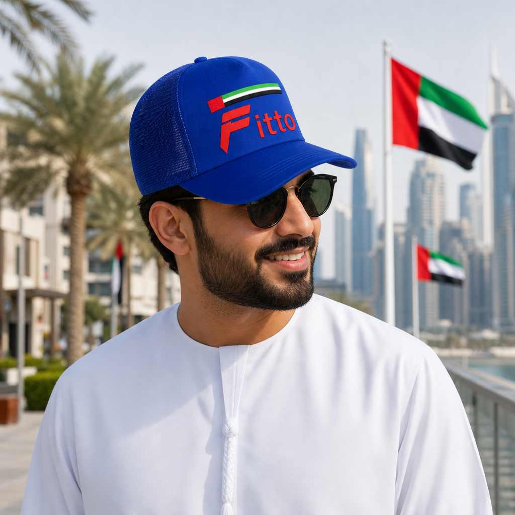 120 Pieces Blue Trucker Cap with UAE Flag Design, Curved Visor and Mesh Back, 1 Piece