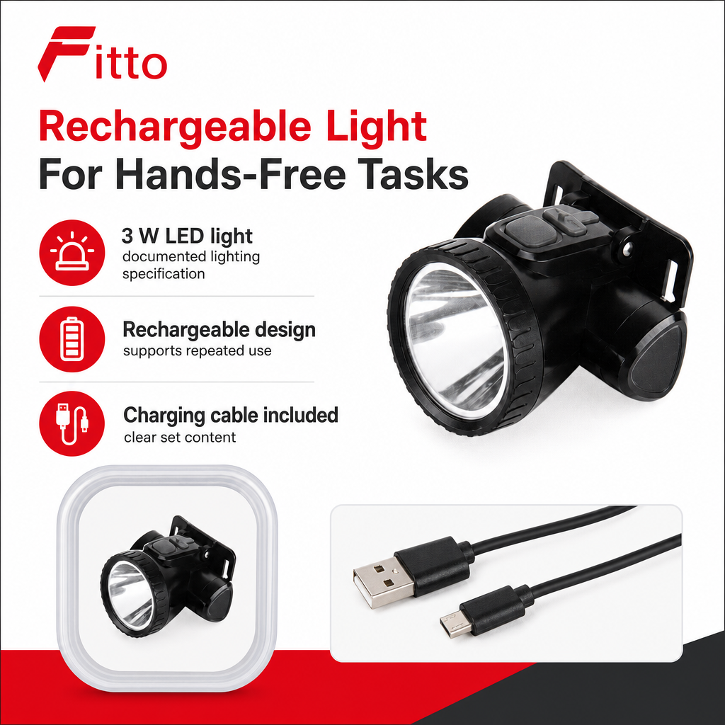 96 Pieces Black Rechargeable LED Headlamp with Charging Cable, 3 W, 1 Piece