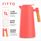 72 Pieces Plastic Vacuum Flask with Glass Refill, 1 Litre, Coral with Wood-Effect Handle