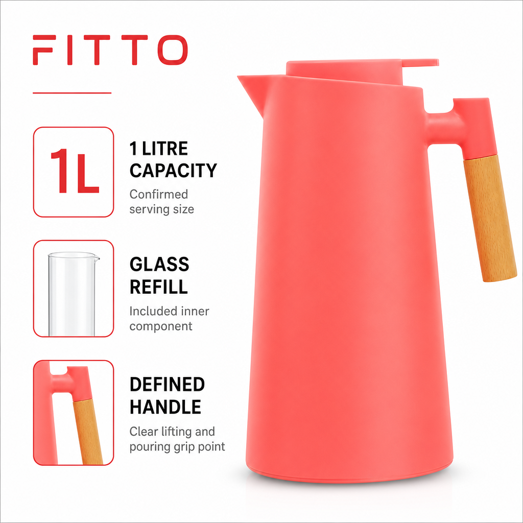 72 Pieces Plastic Vacuum Flask with Glass Refill, 1 Litre, Coral with Wood-Effect Handle