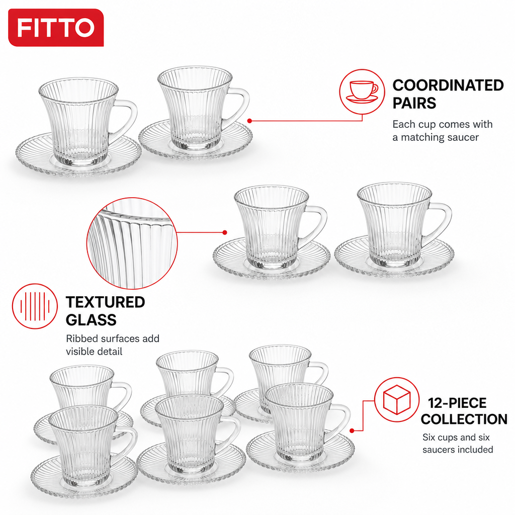 60 Pieces Ribbed Clear Glass Tea Cup and Saucer Set, 12 Pieces