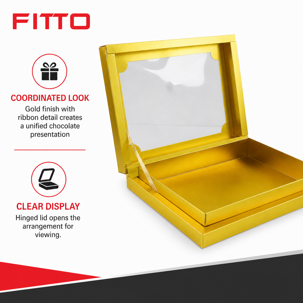 96 Pieces Chocolate Presentation Box with Ribbon, Gold Square 26 × 26 × 4.8 cm, 1 Piece
