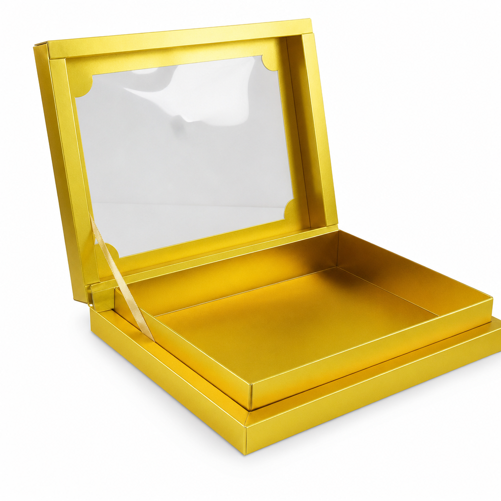 96 Pieces Chocolate Presentation Box with Ribbon, Gold Square 26 × 26 × 4.8 cm, 1 Piece