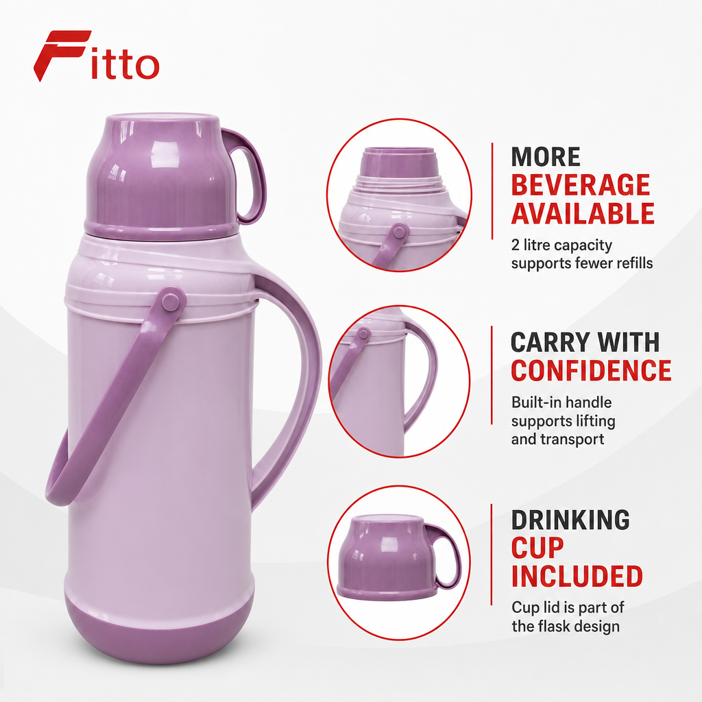 72 Pieces 2 Litre Insulated Vacuum Flask with Carry Handle and Cup Lid, Assorted Colour, 1 Piece