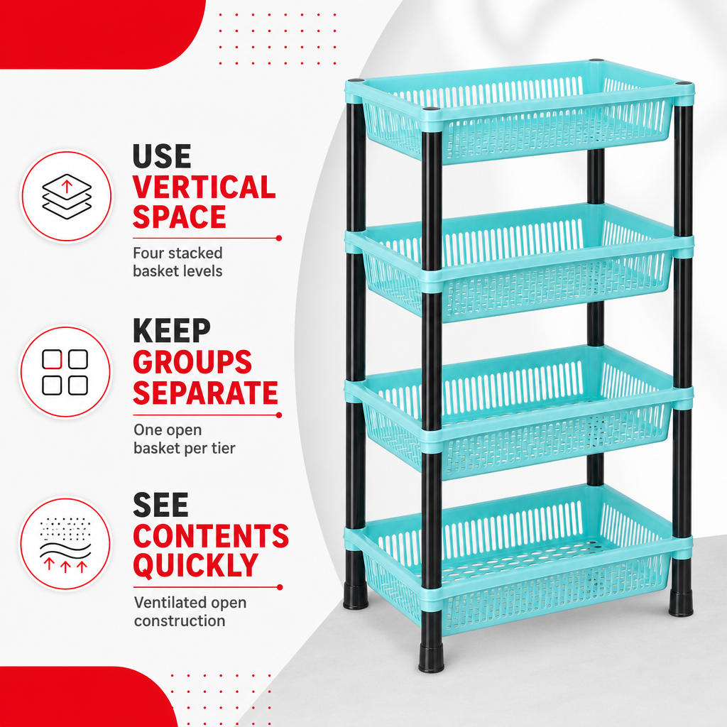 72 Pieces 4-Tier Plastic Storage Basket Rack, Aqua Blue, 40 x 30 x 22 cm