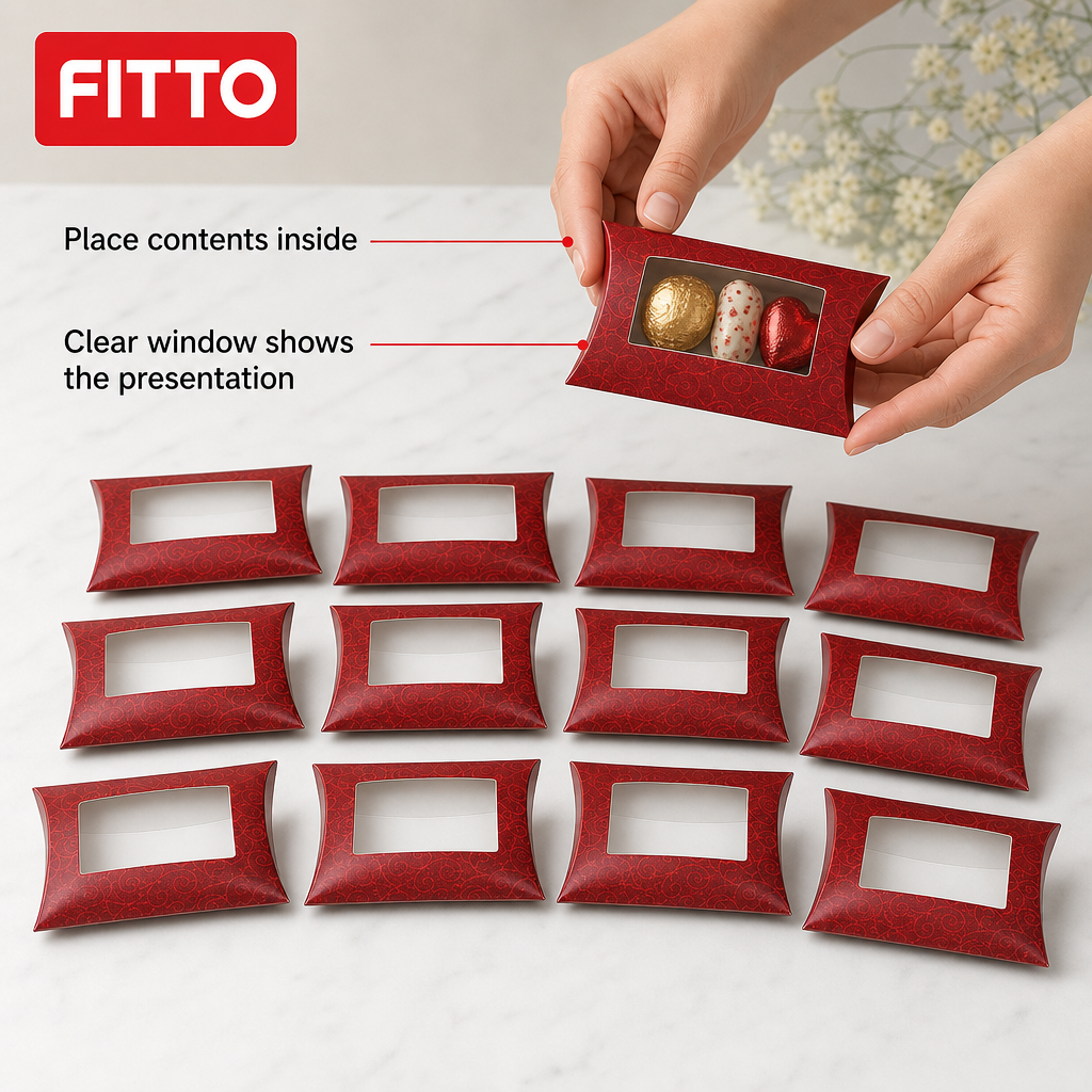 72 Pieces Red Pillow Boxes with Clear Window, 24 × 20 × 5 cm, 12 Pieces