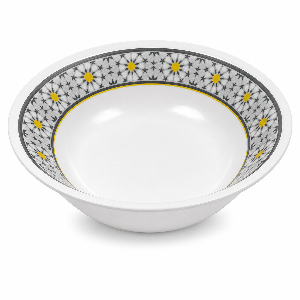 96 Pieces Melamine Salad Bowl, 10 Inch, Round Tablewares, White with Grey Pattern and Yellow Accents