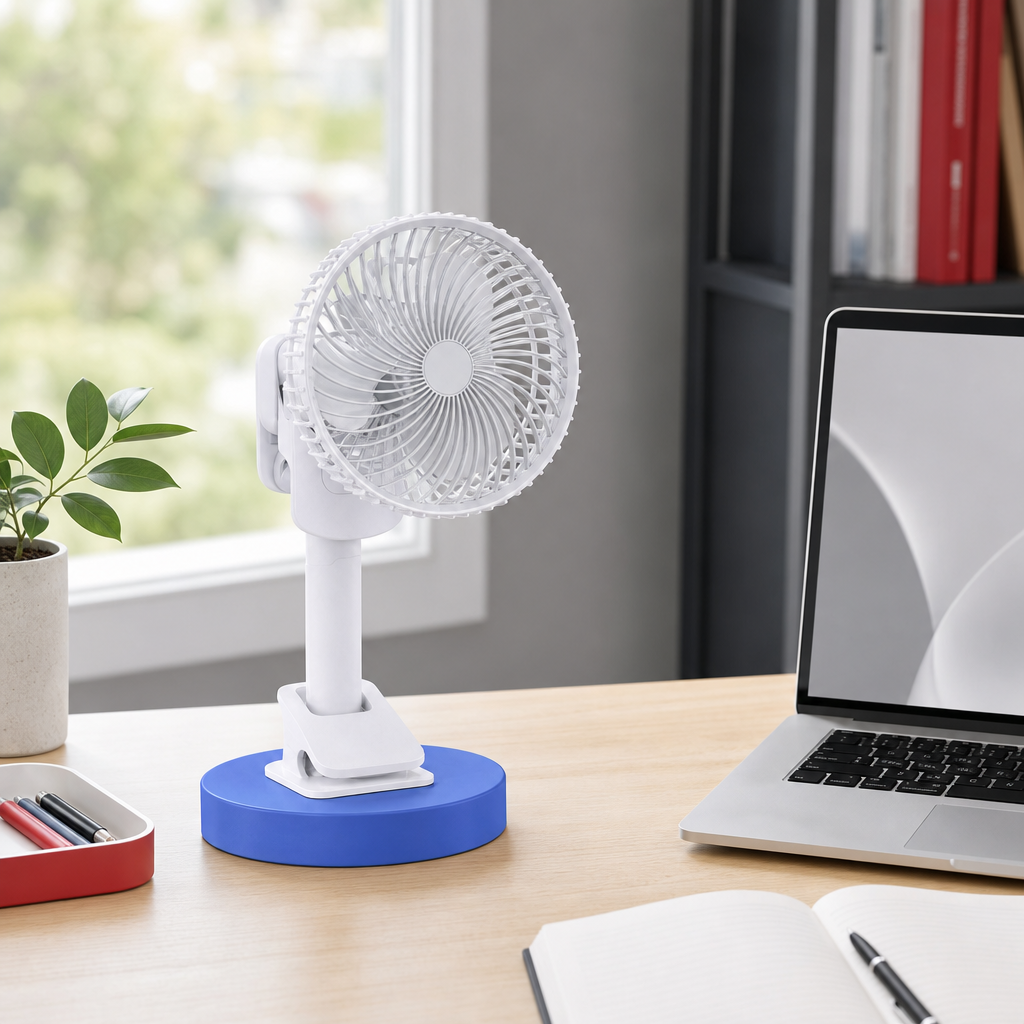96 Pieces Desktop Fan Blue And White 1 Piece With Stand, Clamp, Hang Or Carry Options