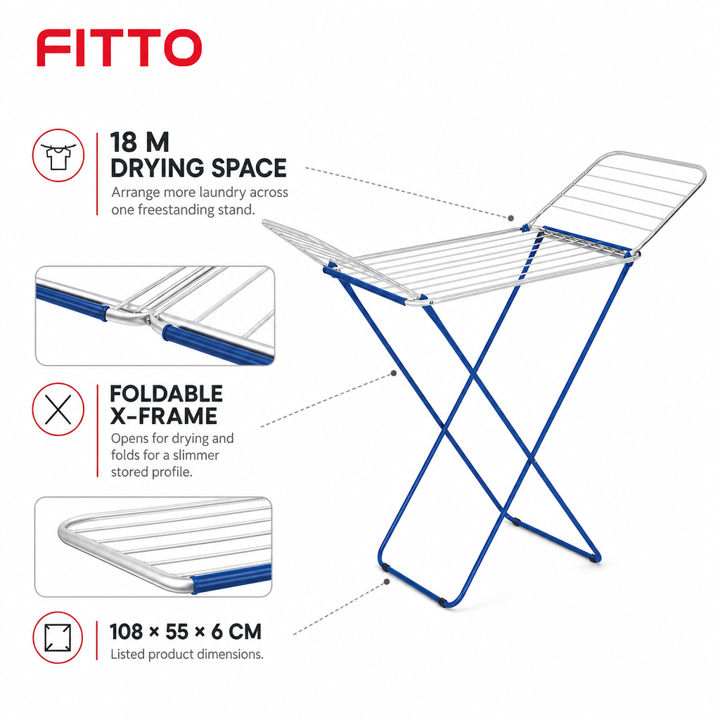 60 Pieces Foldable Clothes Drying Rack, 18 m Drying Space, Freestanding Laundry Airer for Home Use