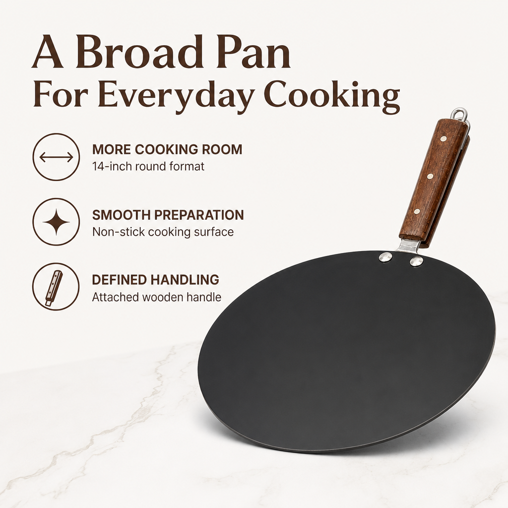 72 Pieces Non-Stick Tawa Pan with Wooden Handle, 14 Inch, Round Black Cookwares